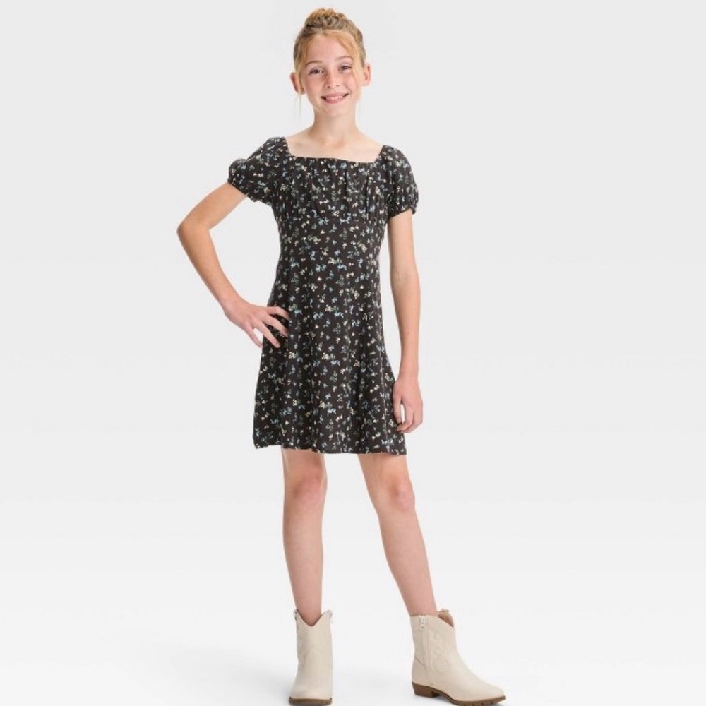 Floral Black and Blue Kids Dress Girls Large 10/23 Art Class